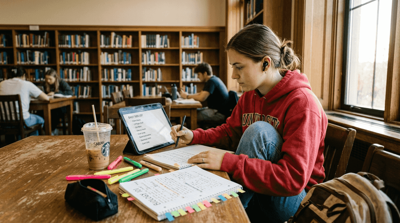 Student updating digital to-do list at library