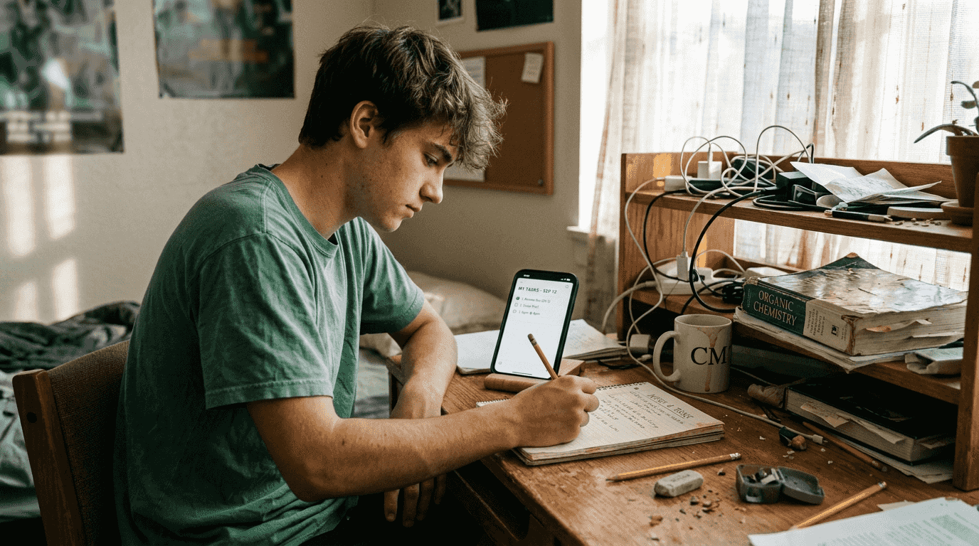 Student making simple to-do list at desk
