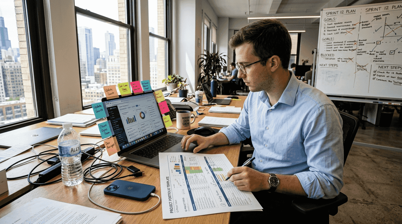 Project manager reviewing portfolio template at desk