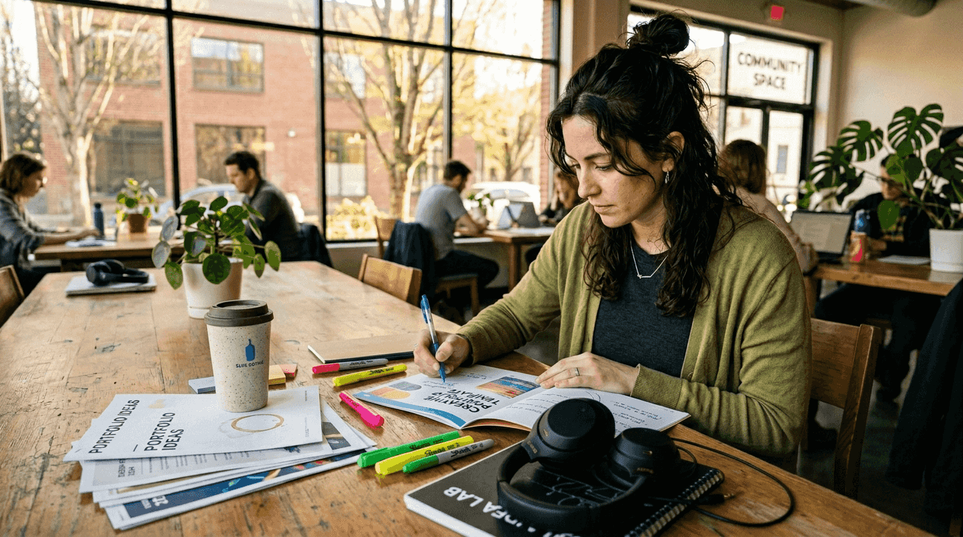 Woman customizes project portfolio template workspace