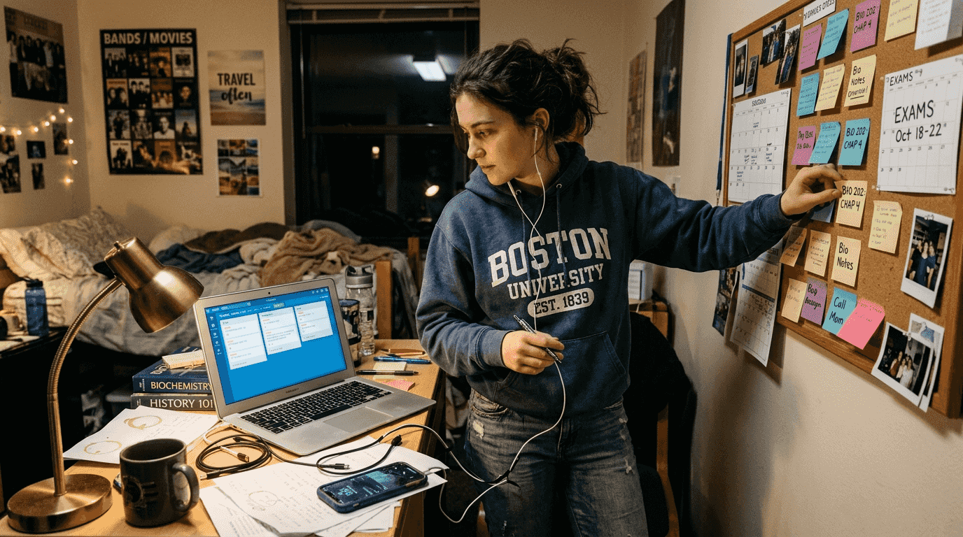 Student organizing tasks at desk with laptop