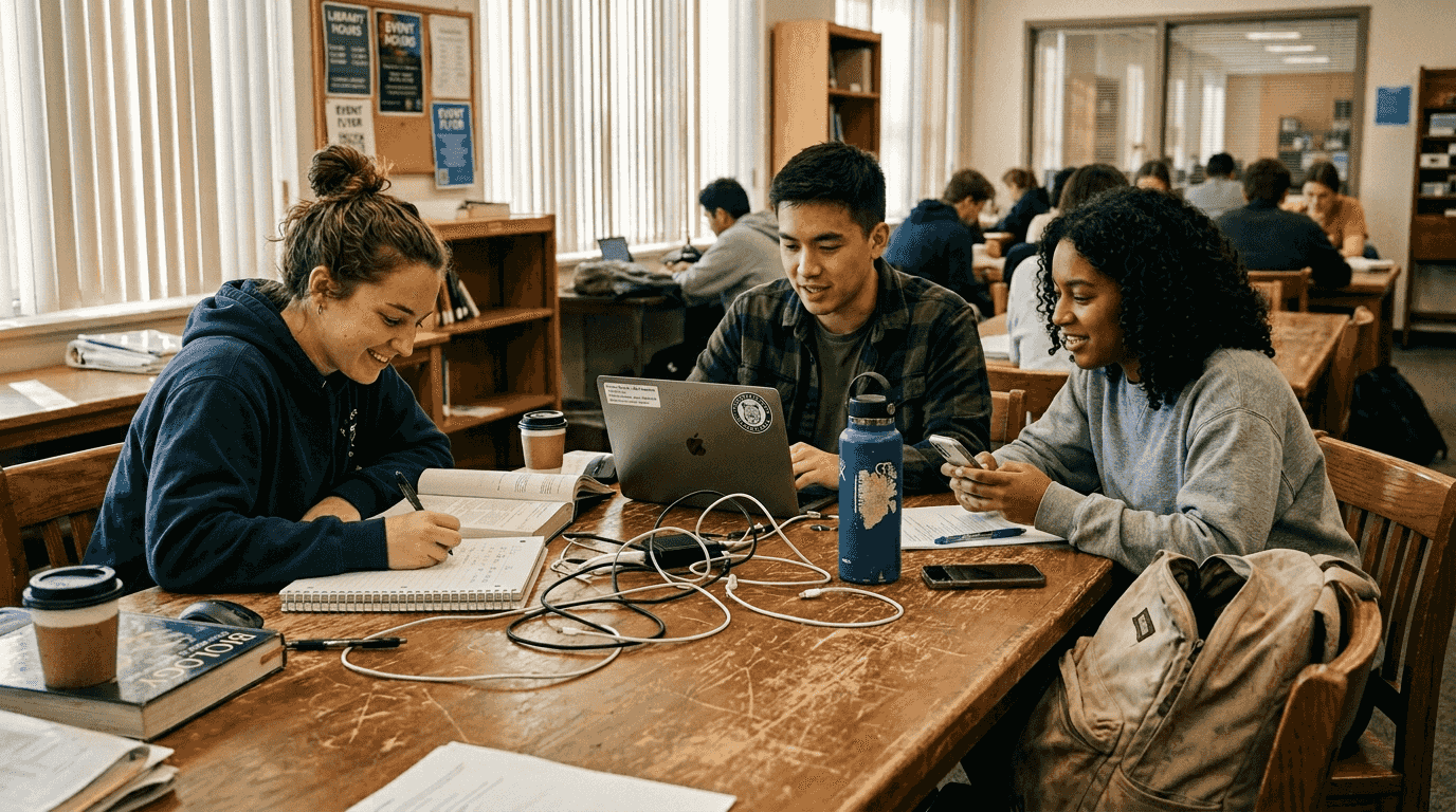 Students collaborating on project in study room