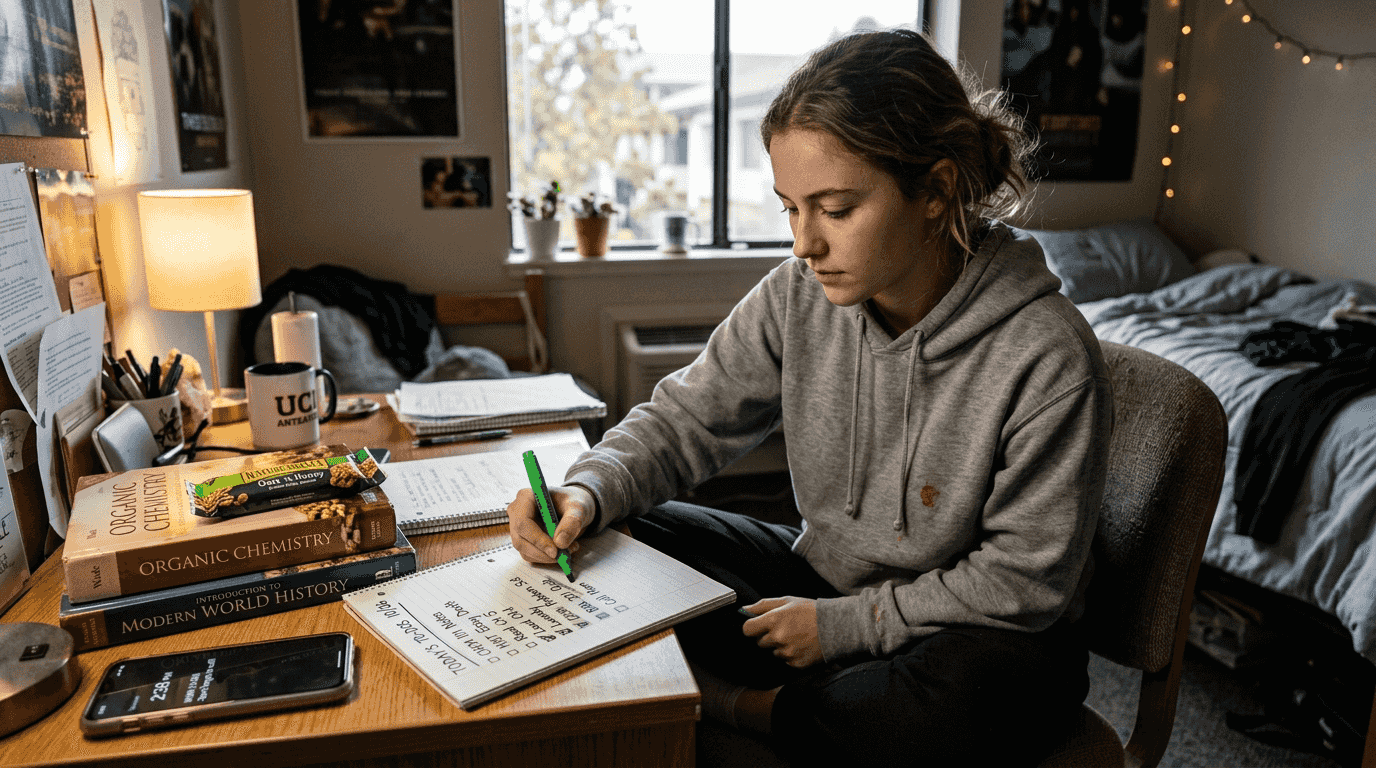 Teen reviewing study checklist on messy desk