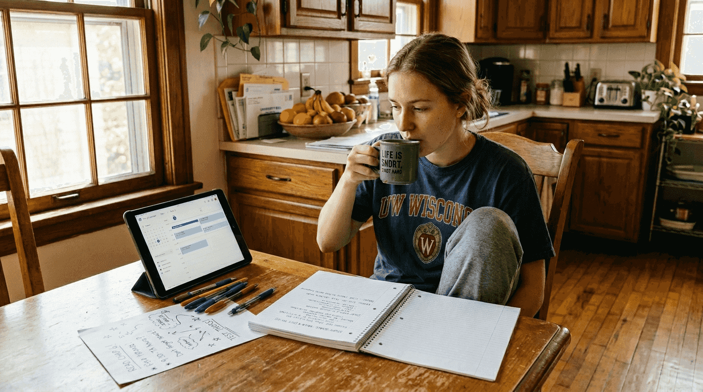 Student organizing study plan at kitchen table