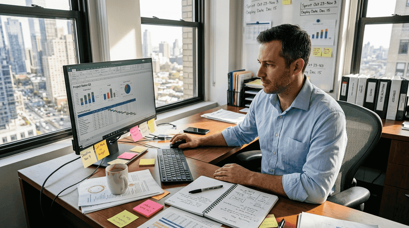 Project manager reviewing Excel dashboard template