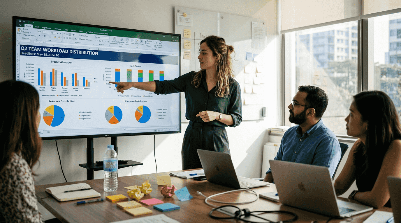 Team leader presenting Excel workload dashboard