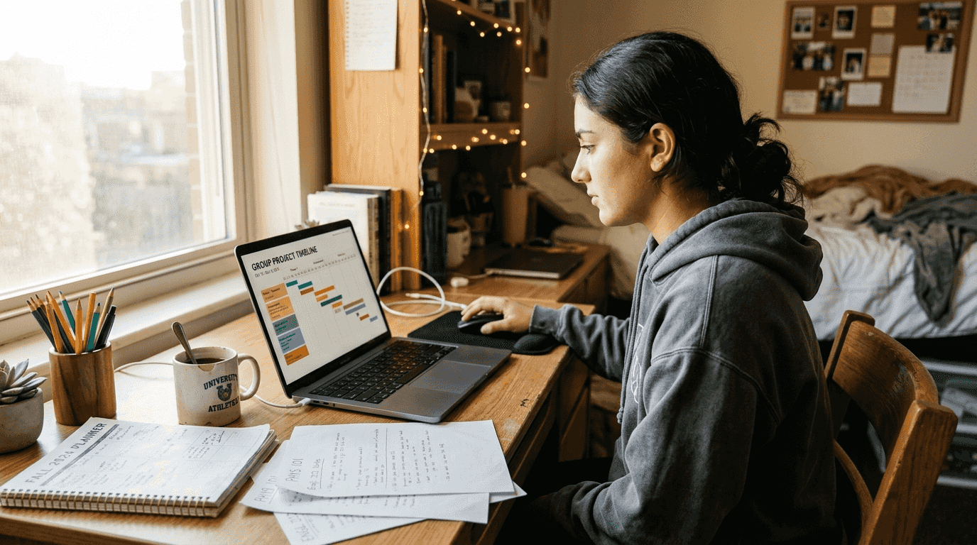 Student reviewing Excel Gantt chart timeline