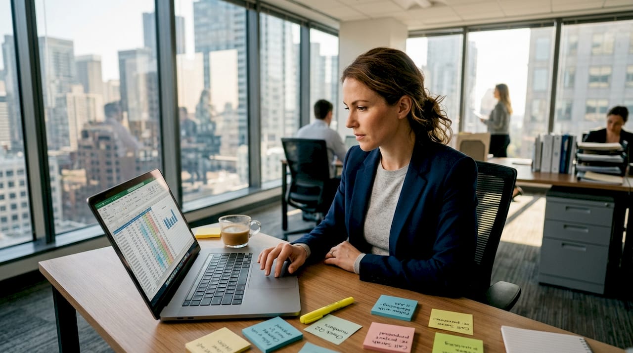 Manager reviewing project management template at desk