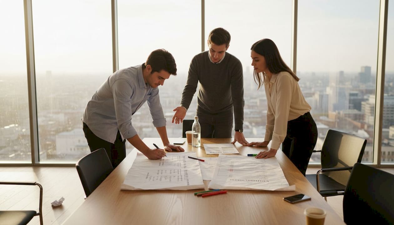 Team members discussing shared task lists together