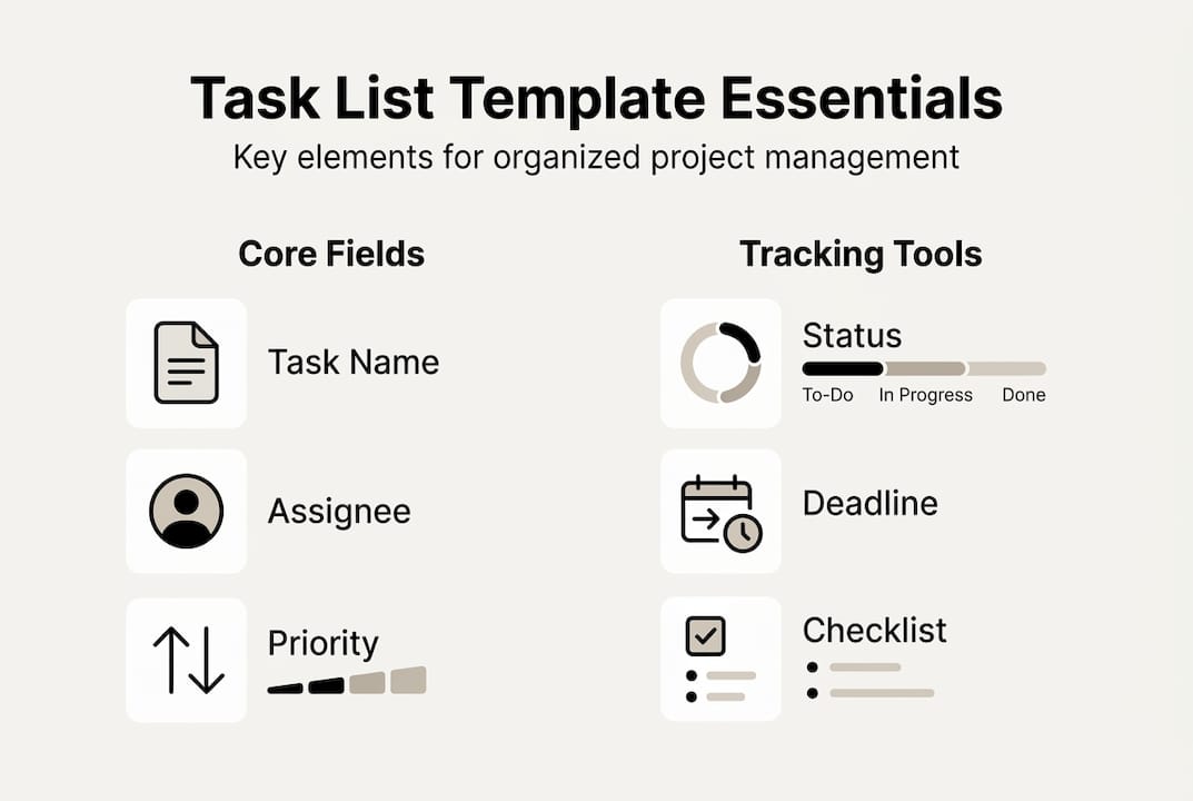 Infographic showing project task list template core elements