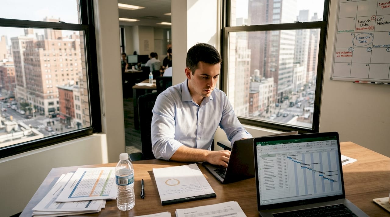 Young professional using Excel project schedule