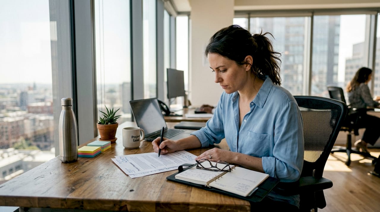 Project manager reviewing proposal at office desk