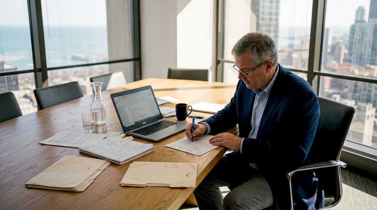 Manager preparing meeting agenda in conference room