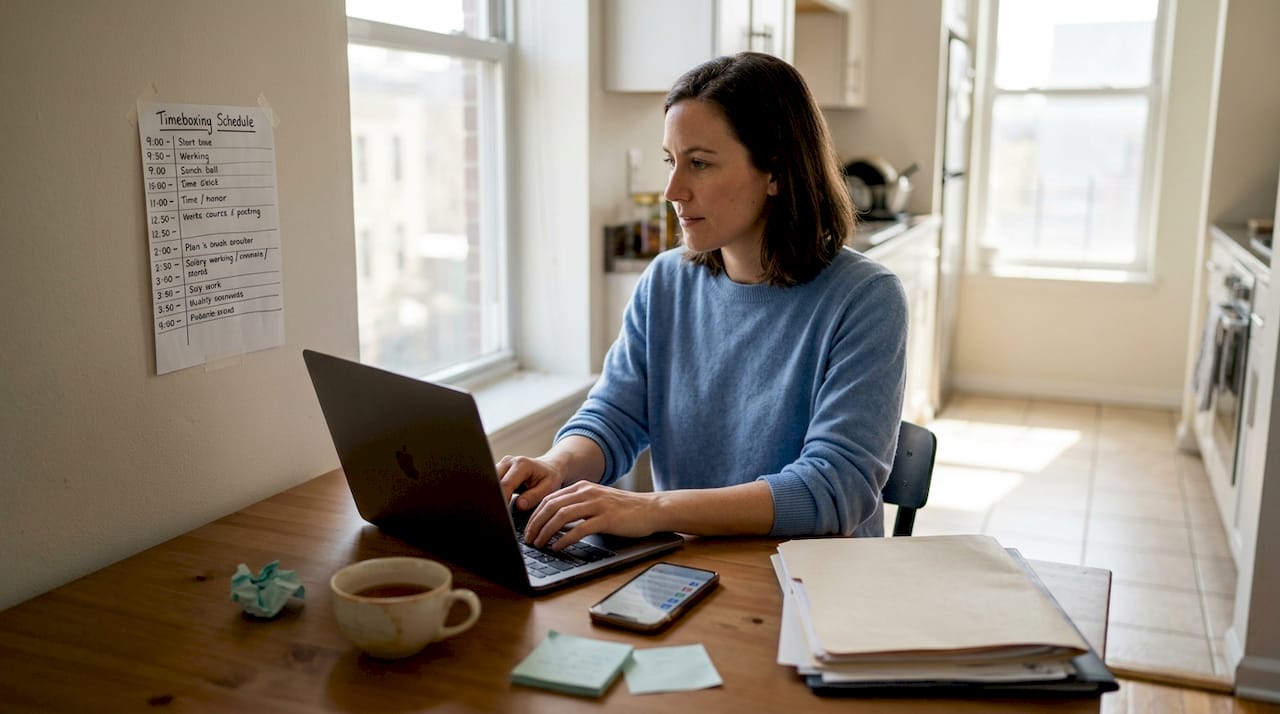 Woman using timeboxing schedule at kitchen table