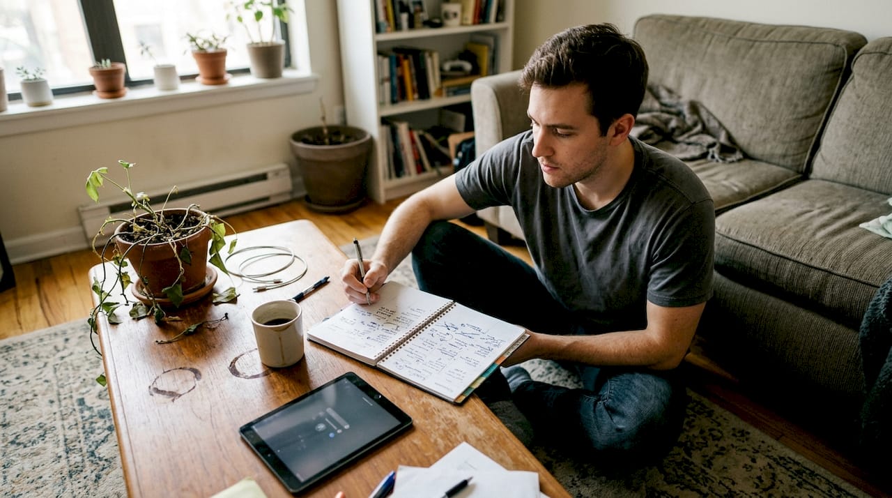 Man adjusting flexible paper schedule at home