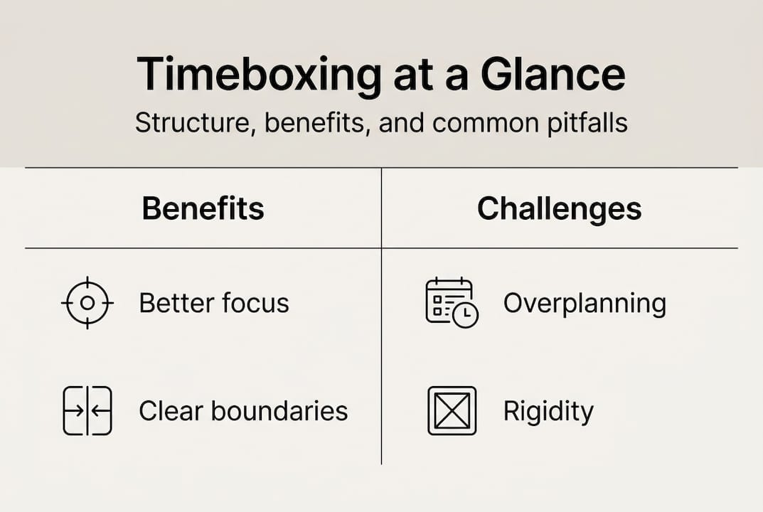 Infographic showing main timeboxing benefits and pitfalls