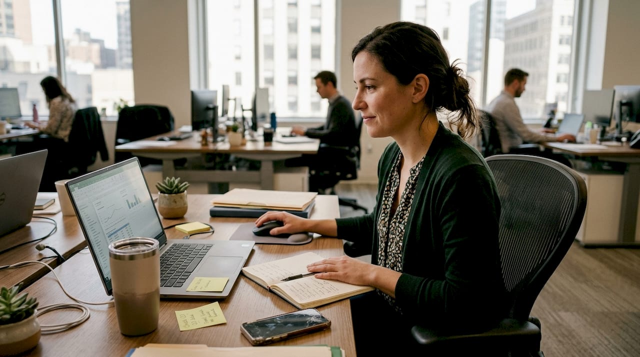 Professional reviewing weekly progress at desk