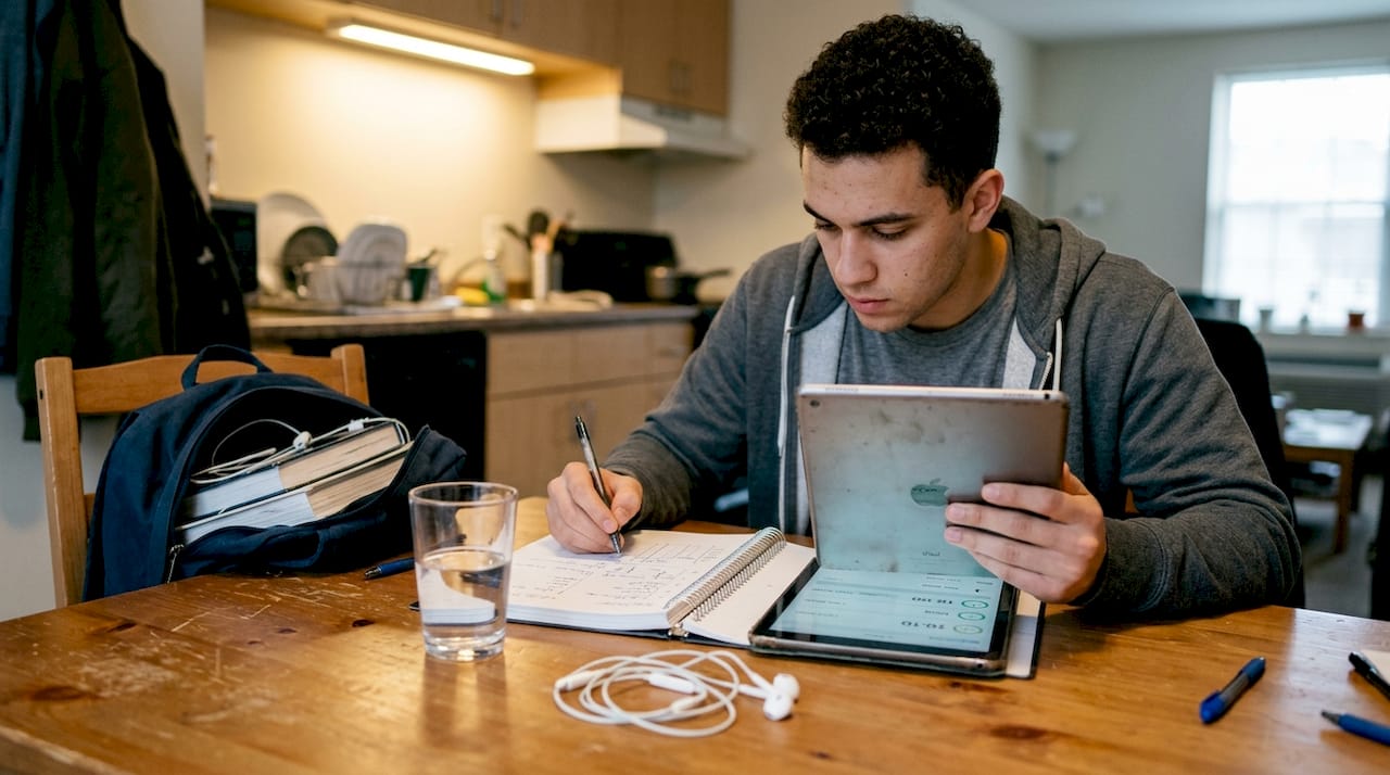 Student tracking study time at kitchen table