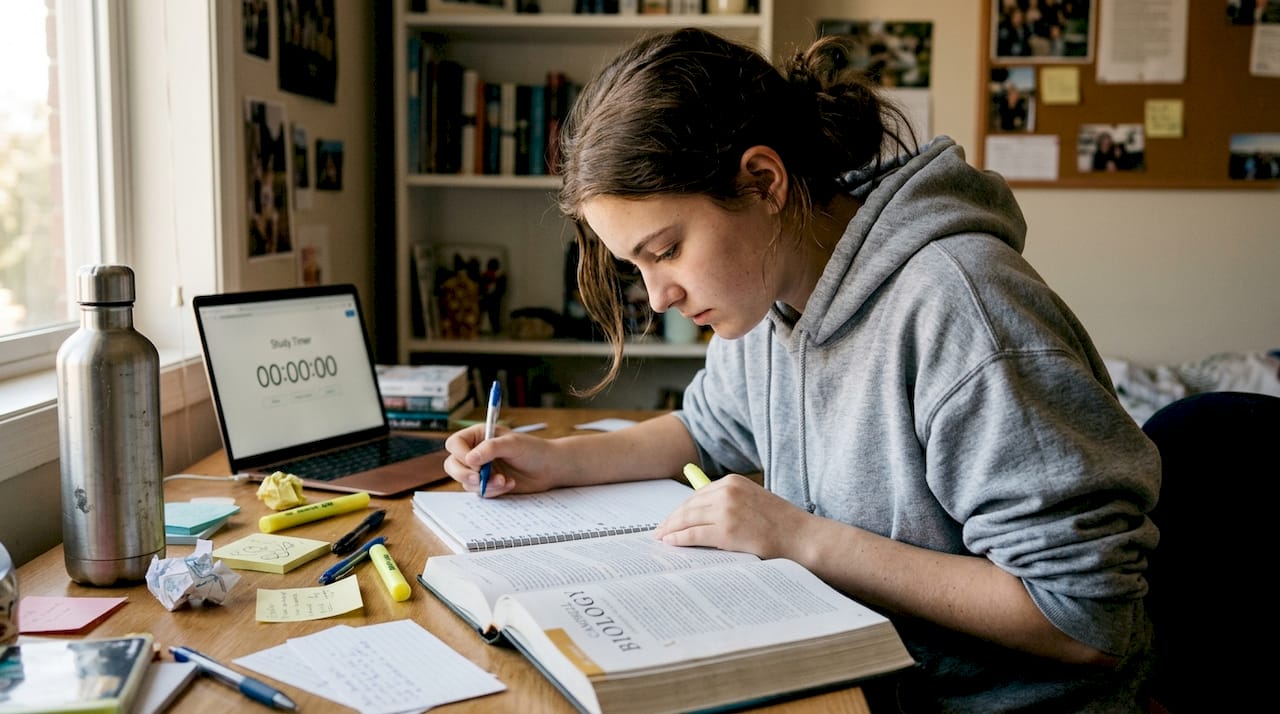 Focused student studying at cluttered desk