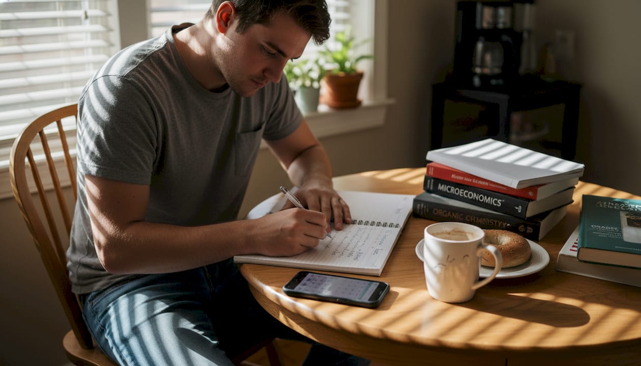 Student writing study goals in kitchen