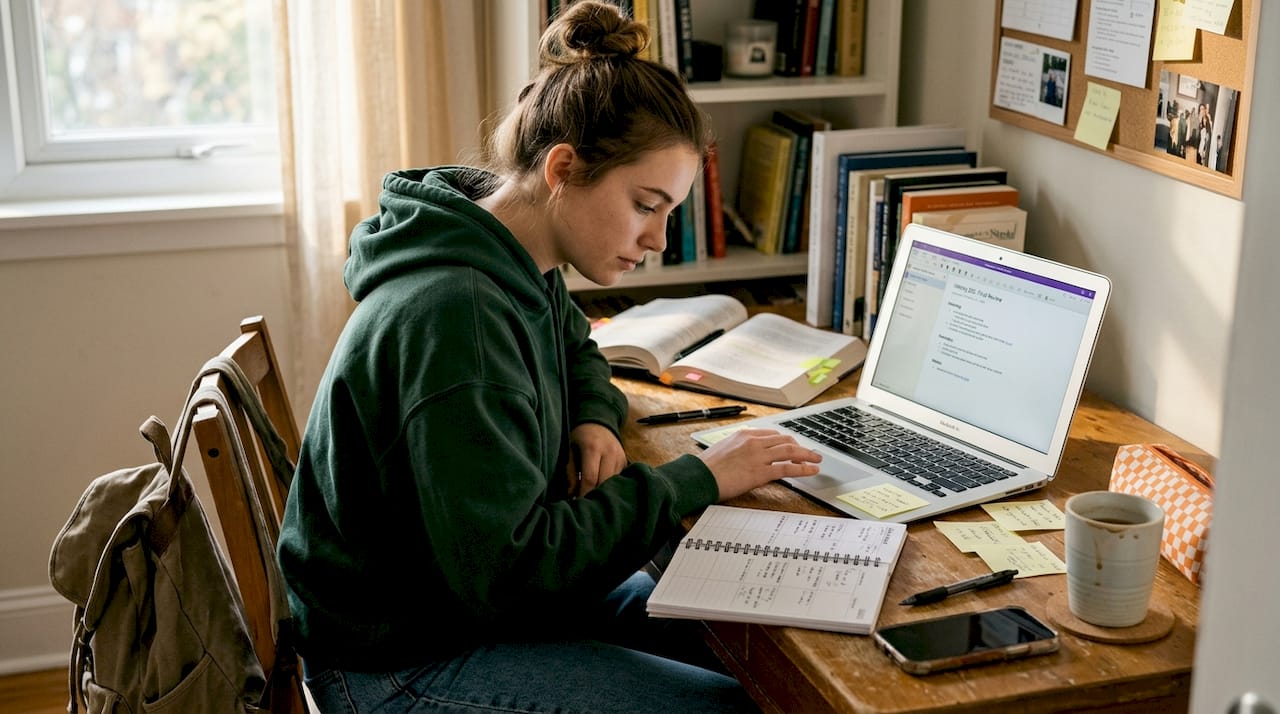 Student planning academic workflow at desk