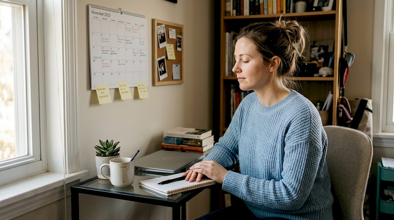 Woman visualizing goals at desk in home office