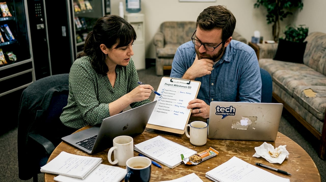 Coworkers discussing steps at cluttered table