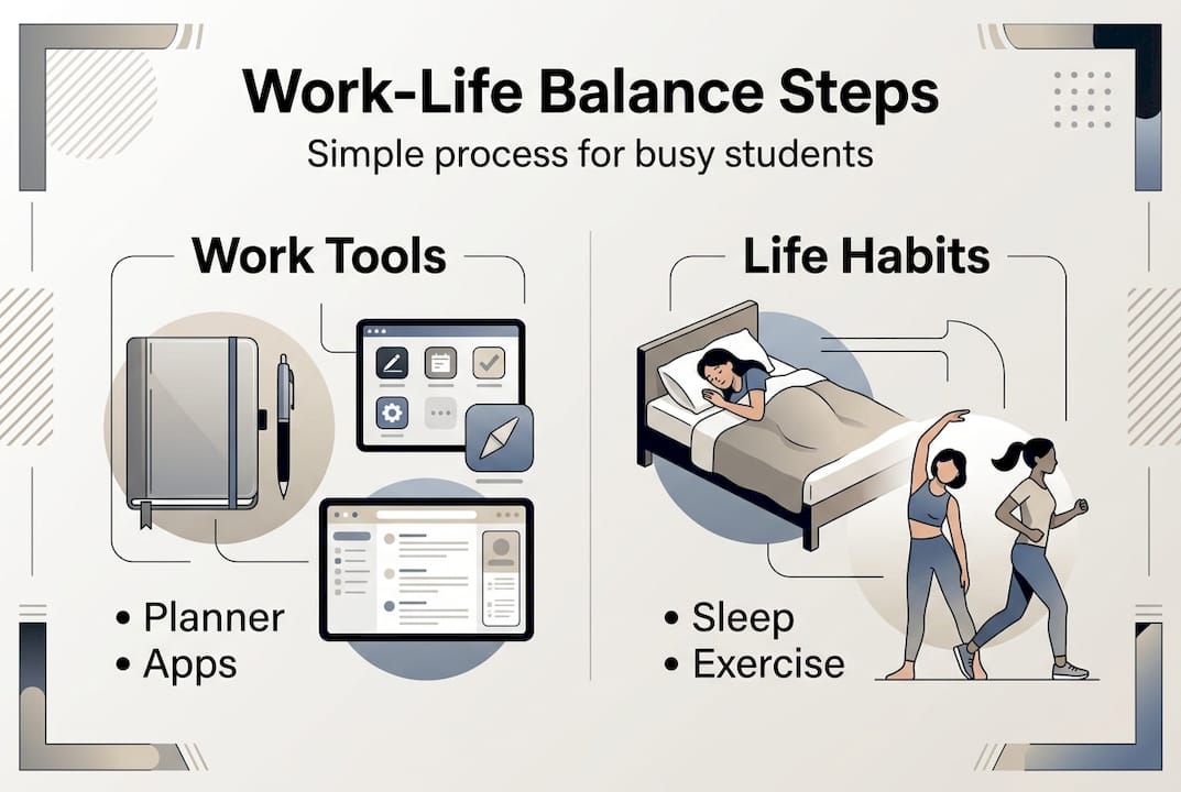 Infographic illustrating basic work-life balance steps