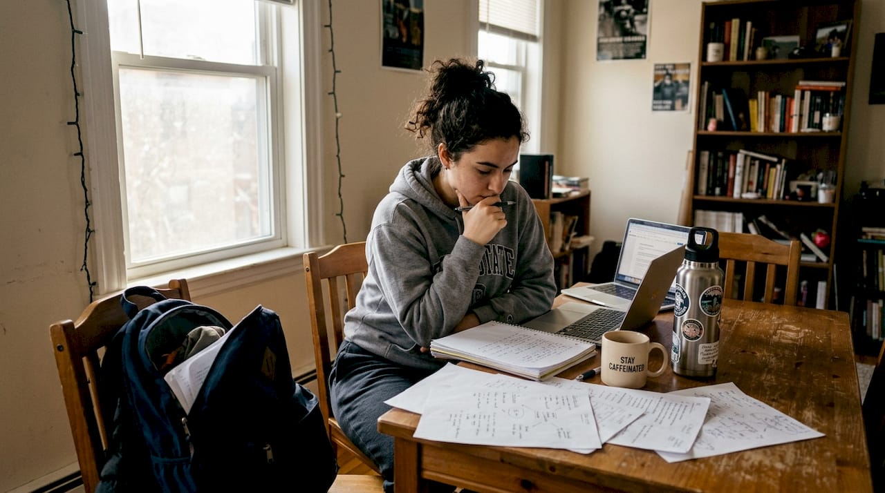 Student studying with notes and coffee mug
