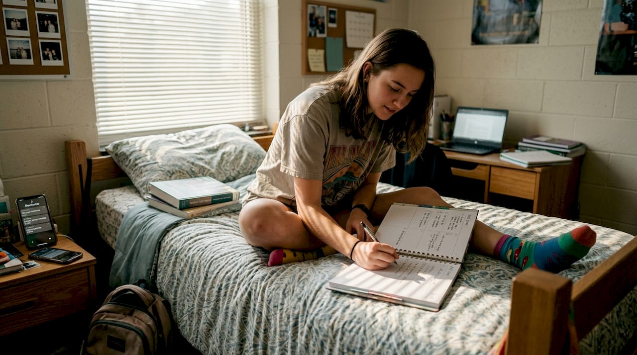 Student writing daily schedule in planner