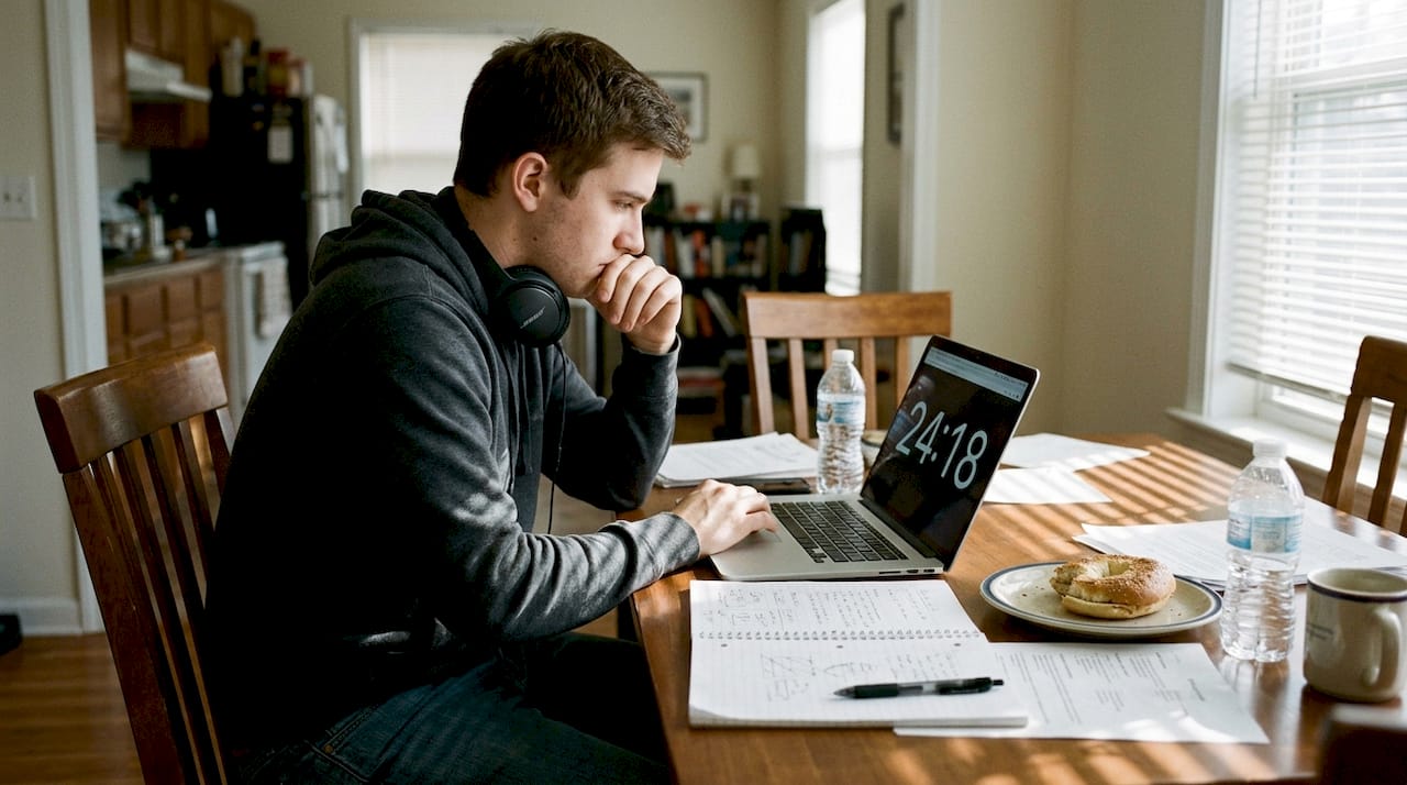 Young man using digital timer for focused studying