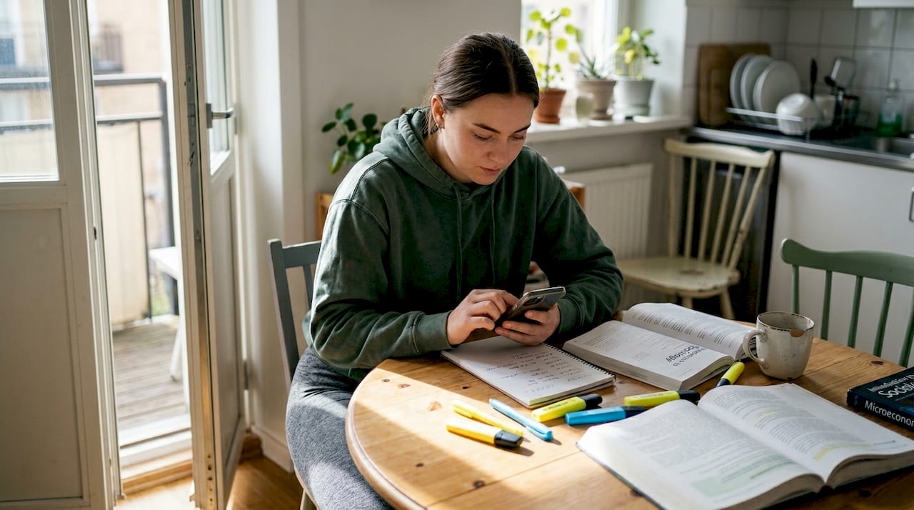 Student organizing tasks with phone app at kitchen table