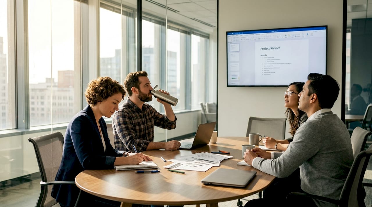 Professionals collaborating around meeting table