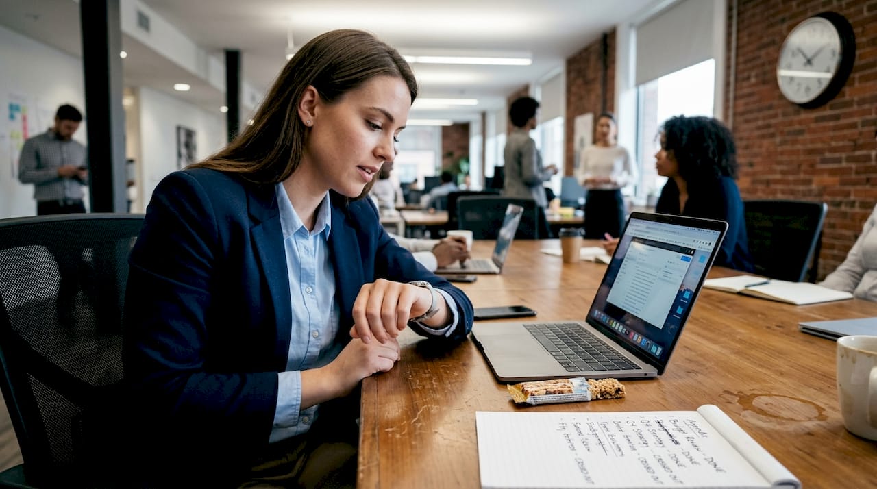 Professional checks watch during workplace meeting
