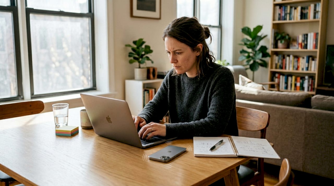Woman focused at laptop, ignoring phone