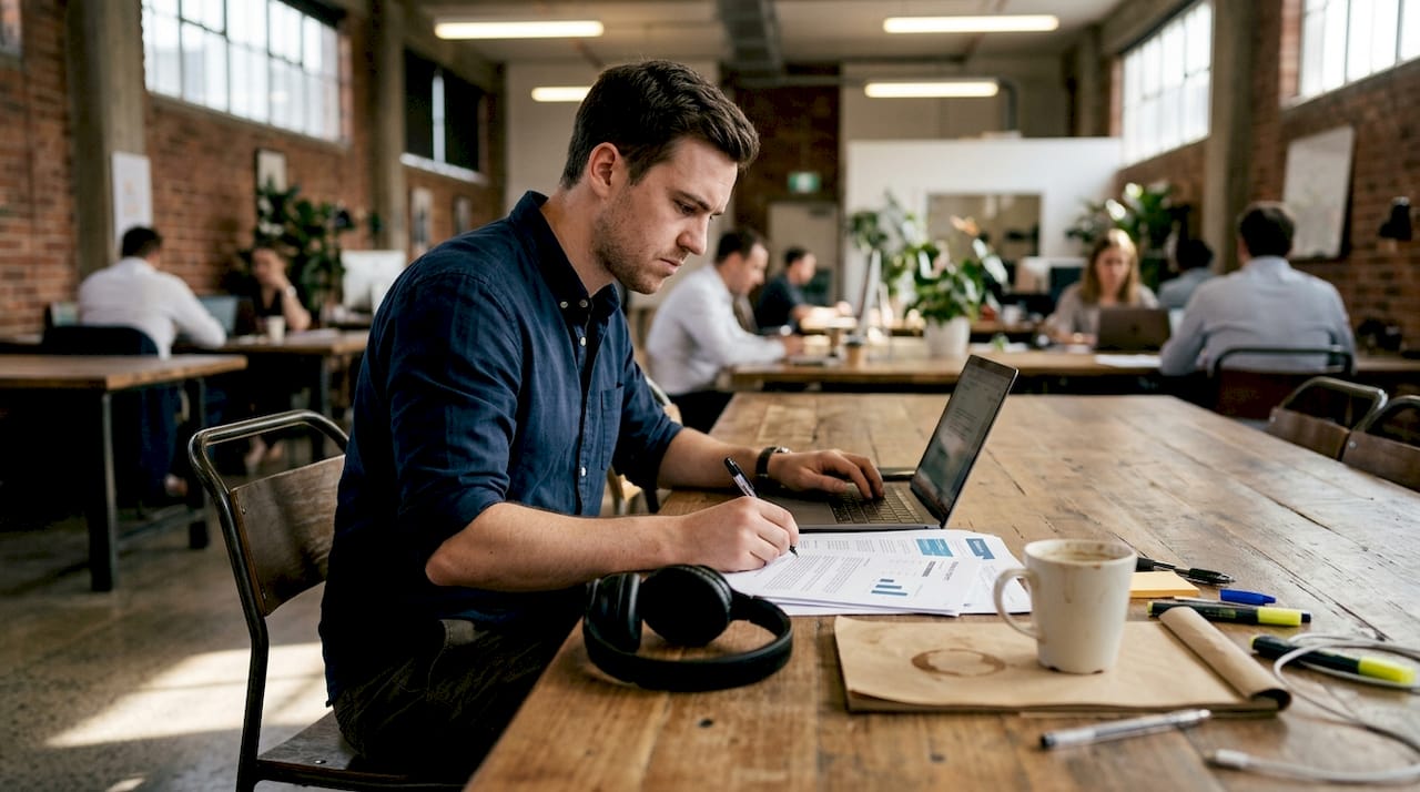 Man switching between laptop and paperwork