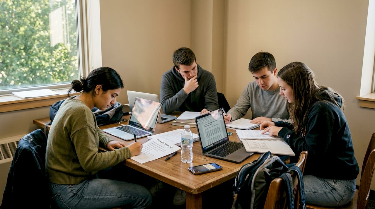 Students reviewing project checklist in study room