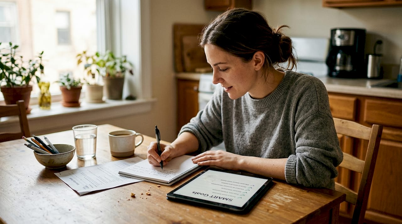 Woman writes SMART goals at kitchen table