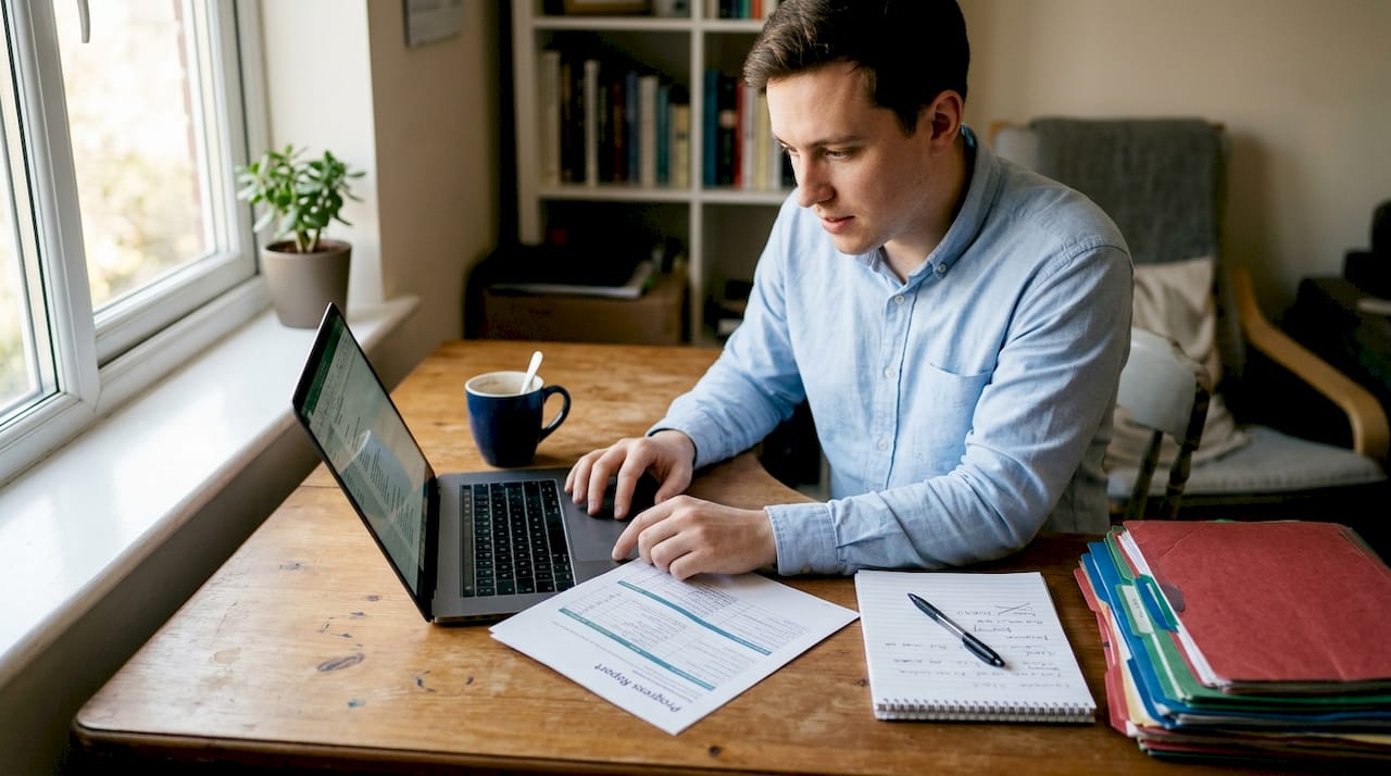 Person updating progress report at home desk