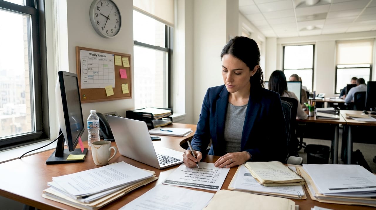Woman checking tasks in corner office