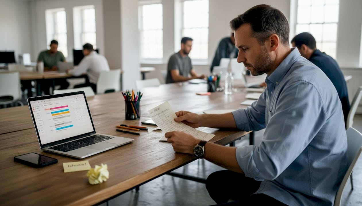 Man revising checklist in open workspace