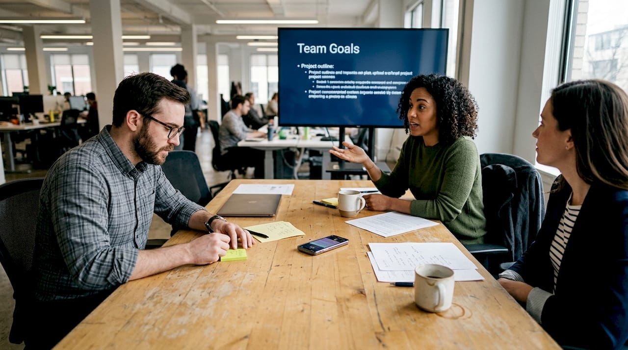 Coworkers discussing team goals at conference table