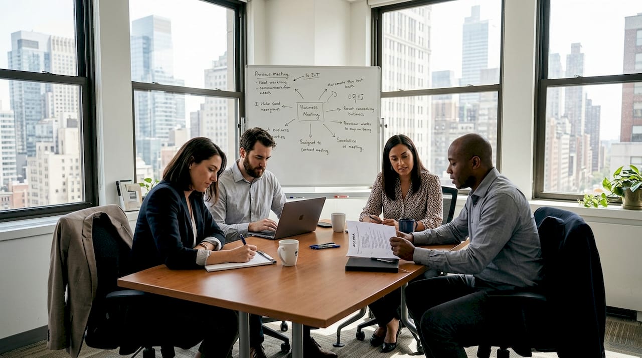 Team collaborating in corner office workspace