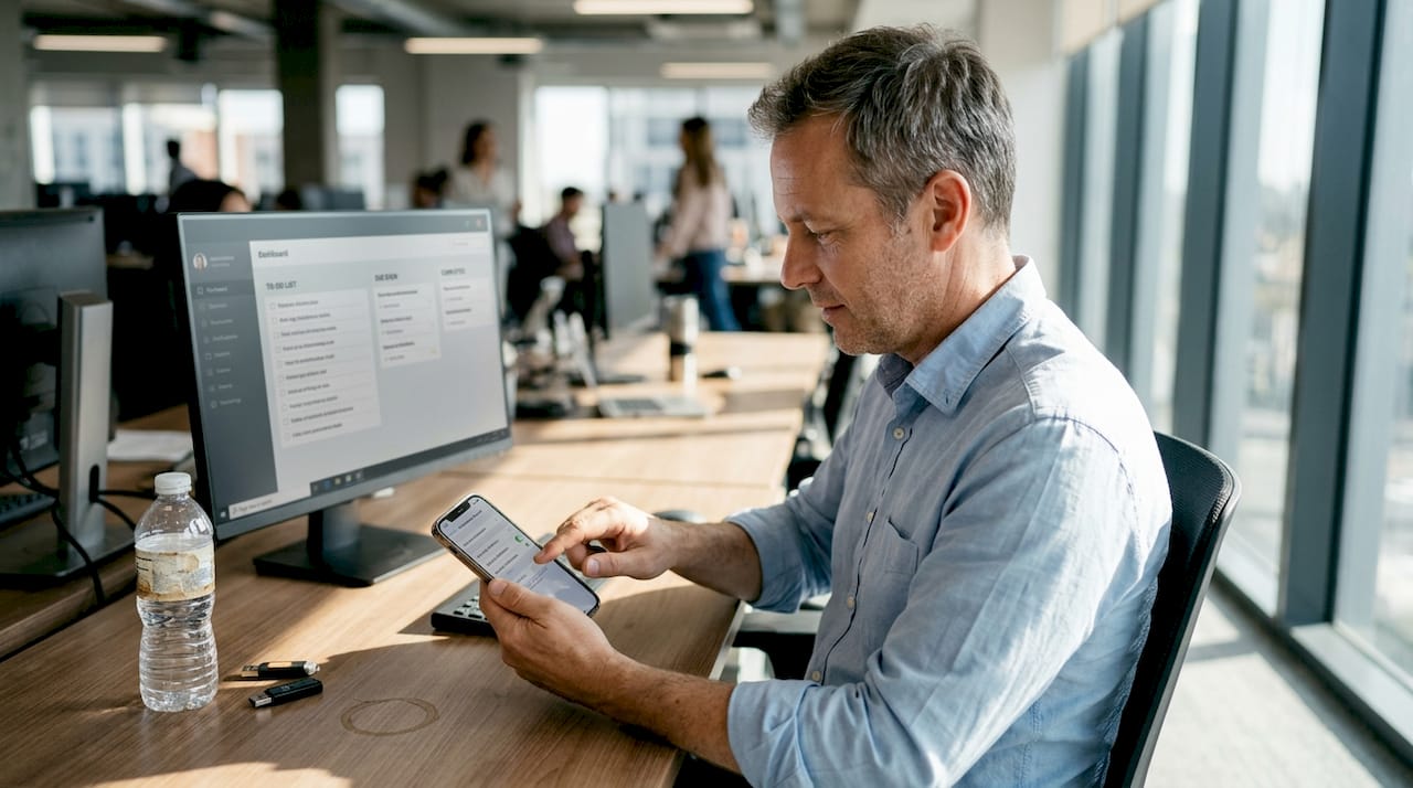 Worker managing workflow notifications in office