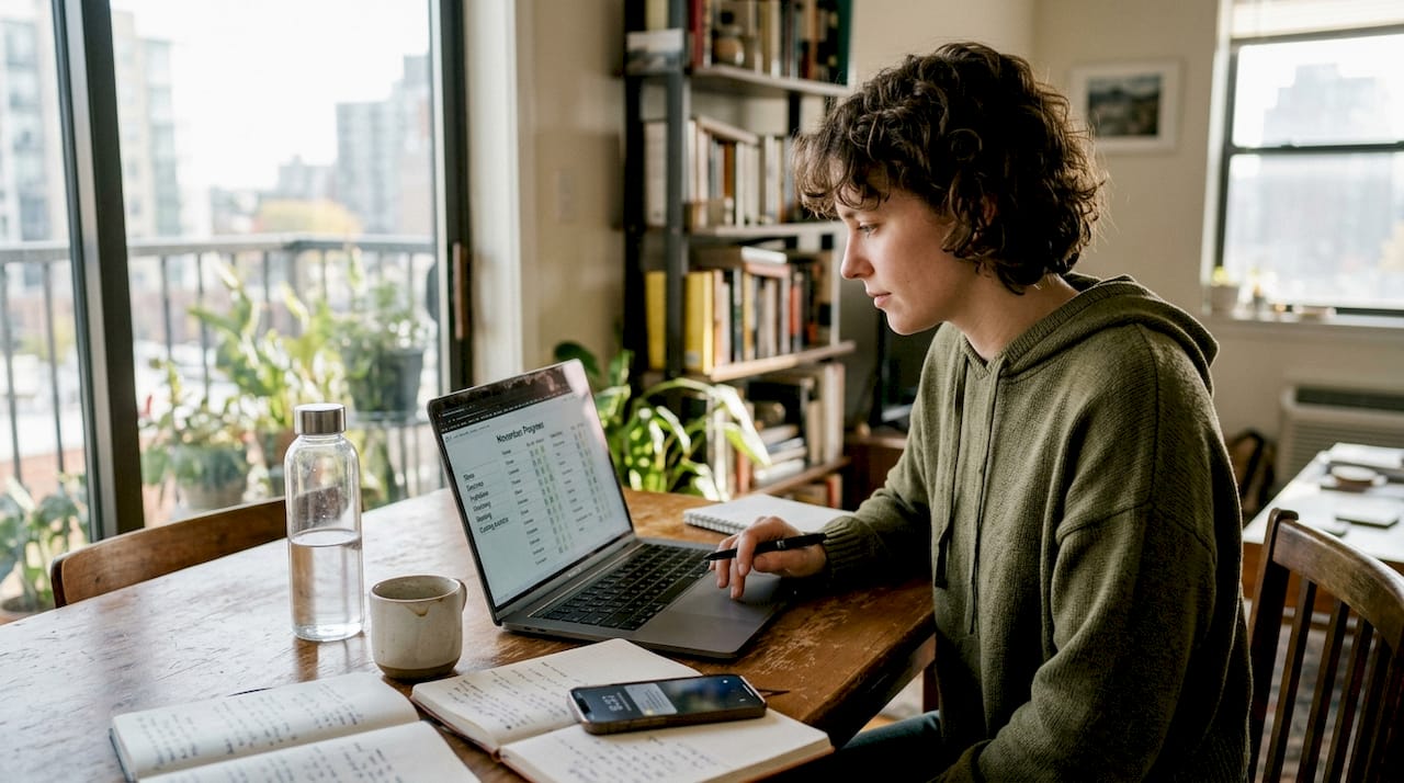 Young professional updating personal workflow tracker