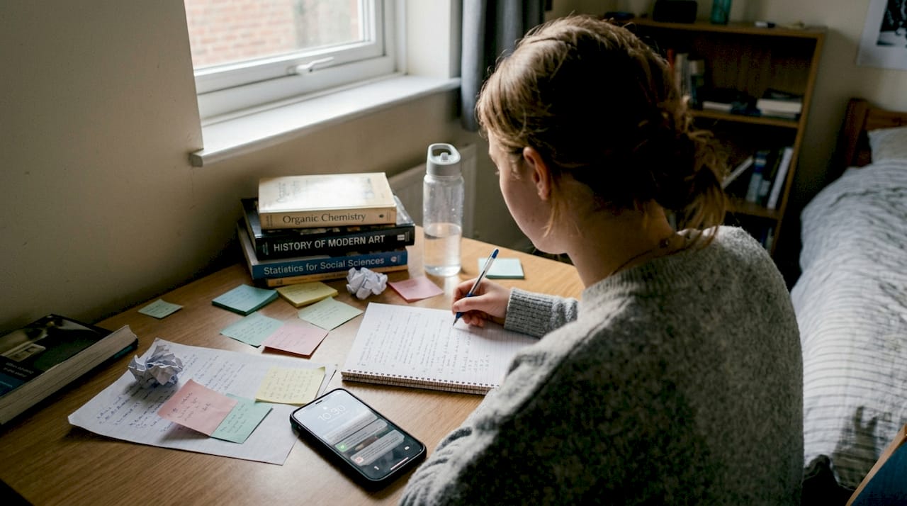 Student surrounded by study materials appearing overwhelmed
