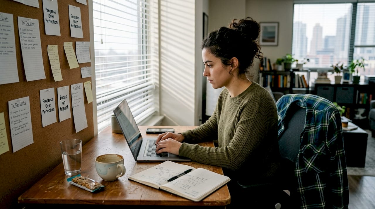 Young professional working in sunny apartment office