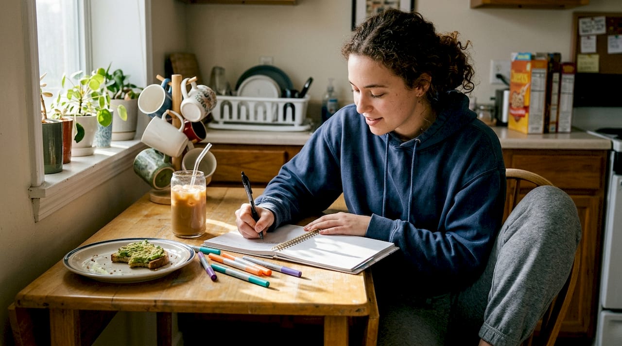 Student writing daily task plan in kitchen
