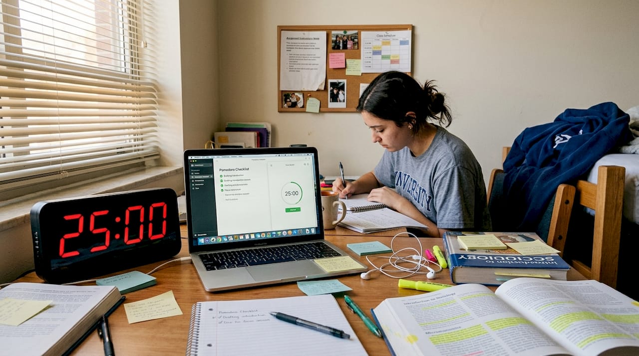 Student using Pomodoro timer at messy desk