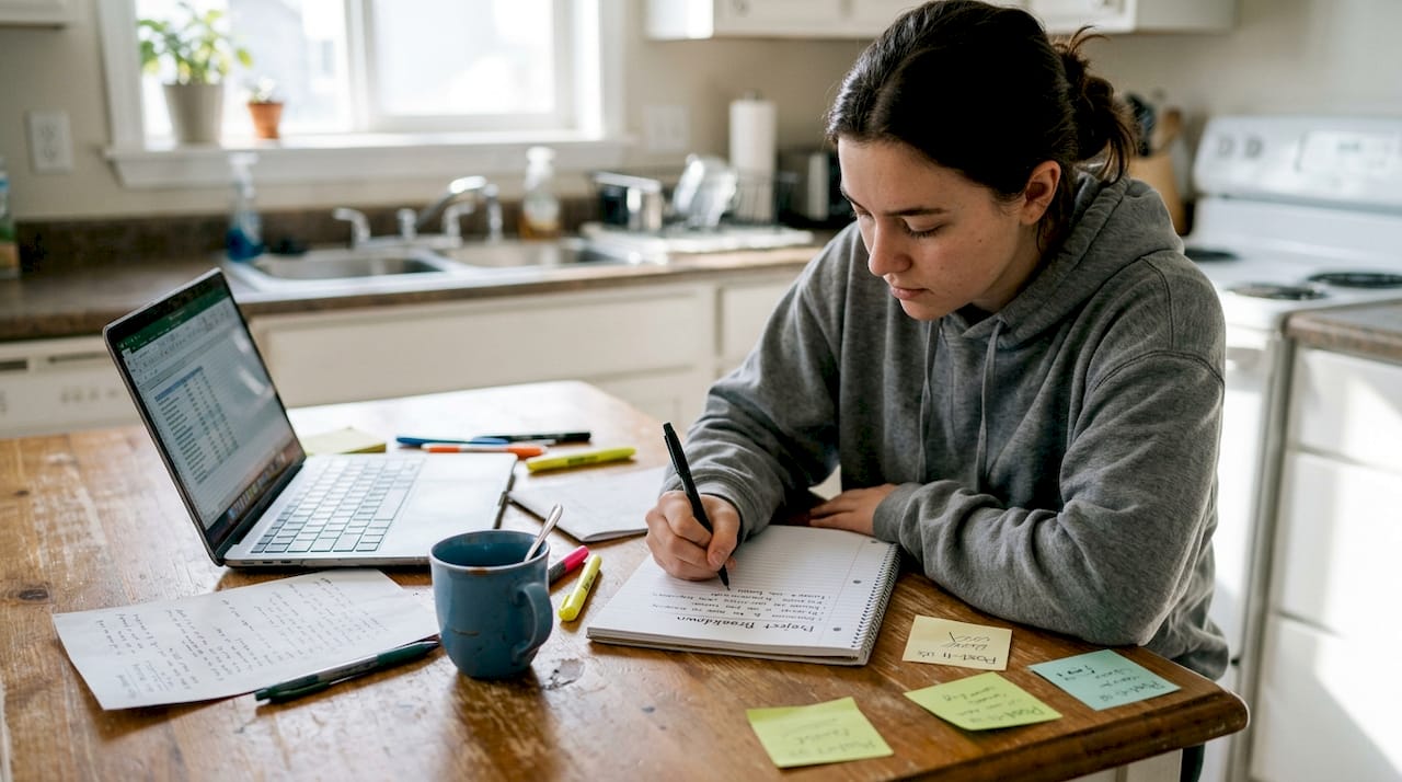 Student organizing project tasks at kitchen table